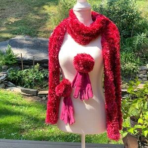 Chenille (eyelash) scarf with matching gloves Light Burgundy Berry (Set)